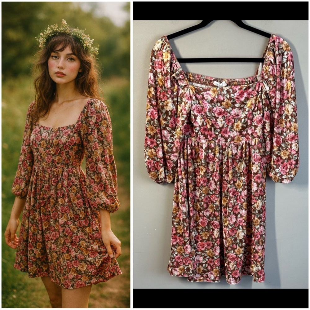 Peach Love Womens Brown Floral Velvet Dress Smocked Fairycore Size S Cottagecore